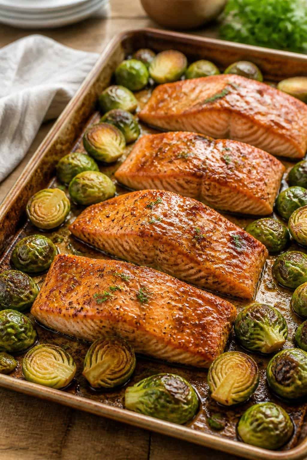 Four salmon fillets with a glossy maple-Dijon glaze resting beside halved Brussels sprouts with caramelized cut sides on a foil-lined sheet pan on a wooden table.