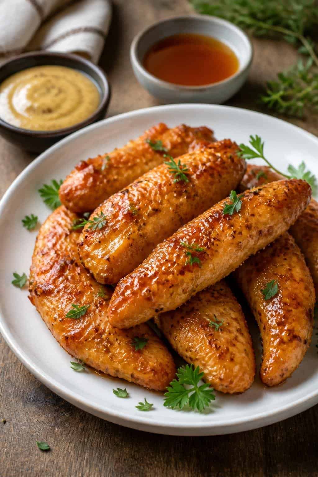 A plate of golden brown maple-mustard chicken tenders garnished with fresh herbs and served with small bowls of dipping sauces on a wooden table.