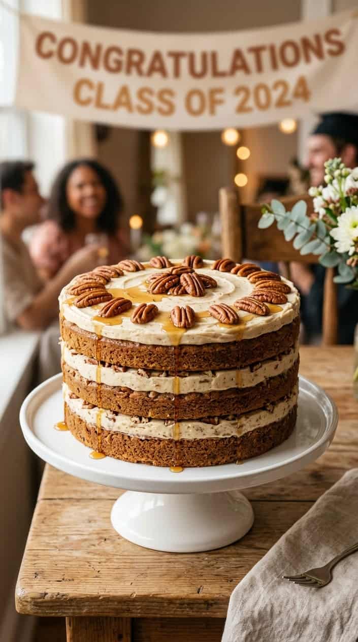 A layered maple pecan cake with brown butter frosting topped with toasted pecans on a white cake stand.