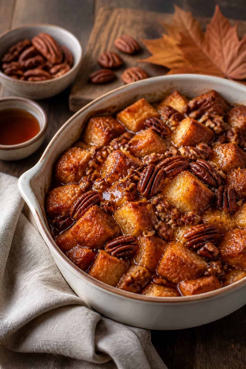 A golden-brown French toast casserole topped with whole and chopped pecans and a drizzle of maple syrup in a white ceramic dish on a wooden table, with a small jar of syrup and scattered pecans alongside.