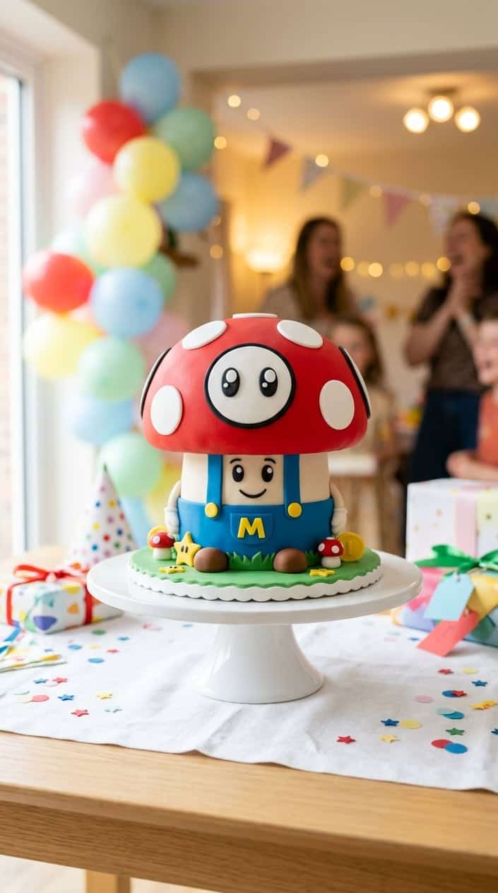 A colorful Mario Mushroom shaped birthday cake on a white cake stand with balloons and presents in the background.