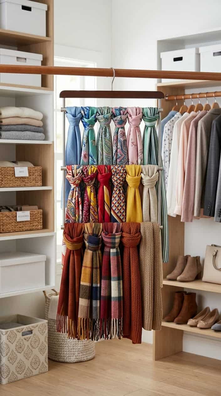 A closet with a 3-tier hanger holding multiple colorful scarves neatly arranged.