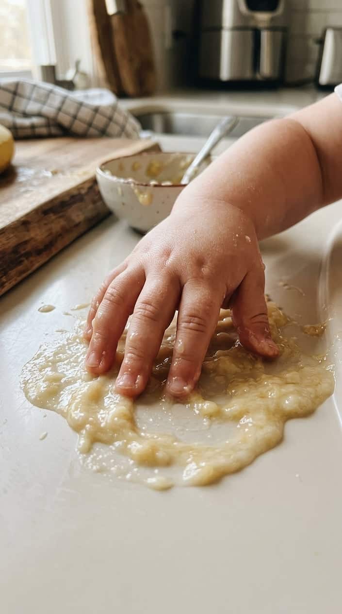 Child's hand playing with thinly spread mashed banana on a surface for sensory finger play.