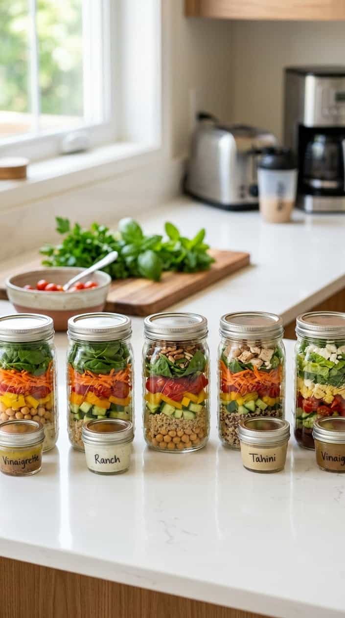 Several mason jars filled with layered salad ingredients and small containers of frozen dressing on a kitchen countertop.