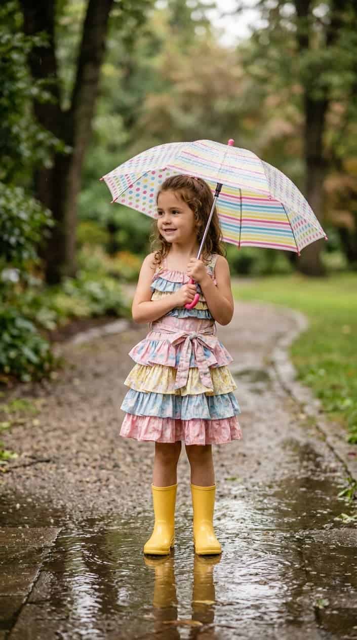 Little Girl Dress Styles for a Rainy Birthday Party 16 A young girl standing outside on a rainy day holding an umbrella, wearing a ruffled dress with a sash.
