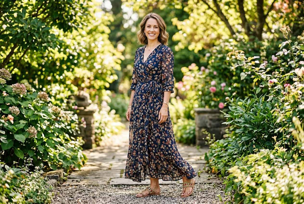 15 Mom Graduation Outfit Ideas to Shine With Style and Comfort 44 A woman standing in a garden setting wearing a flowing maxi wrap dress in a warm jewel tone with flat sandals featuring metallic bead detailing.