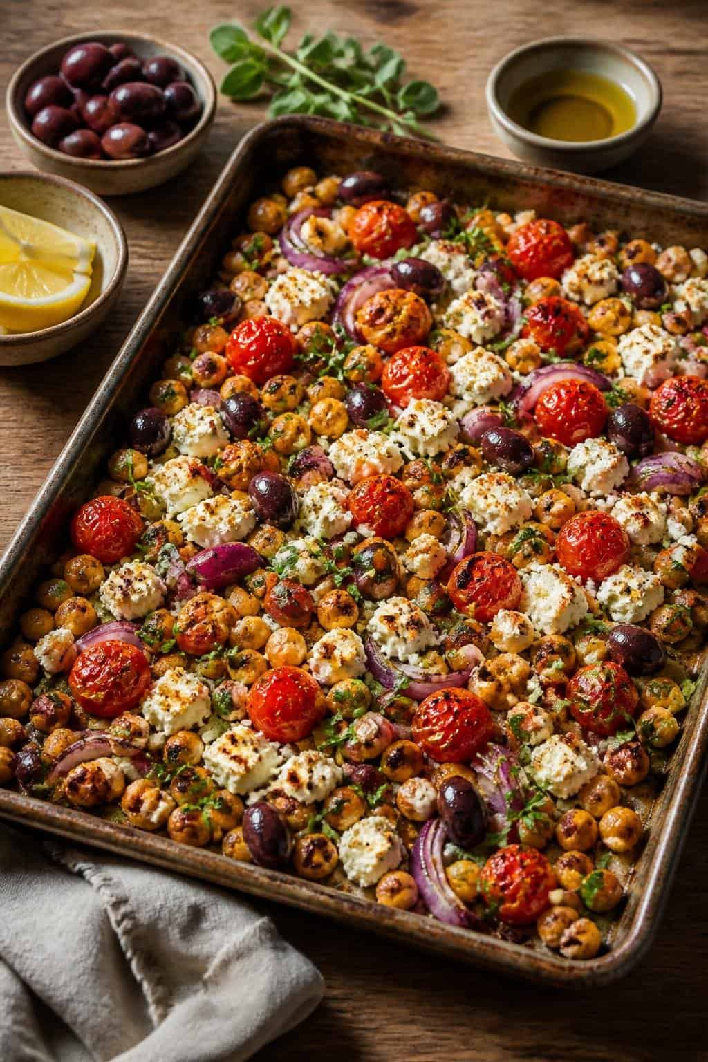 A foil-lined sheet pan filled with lightly crisped golden chickpeas, blistered cherry tomatoes, red onion wedges, sliced red bell pepper, and scattered black olives, topped with crumbled white feta and fresh herb leaves on a wooden table.