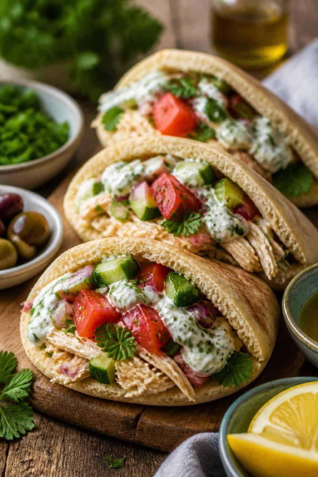A wooden table with halved pita pockets filled with herbed shredded chicken, diced cucumber, halved cherry tomatoes, kalamata olives, and crumbled feta, with a small bowl of yogurt sauce alongside.