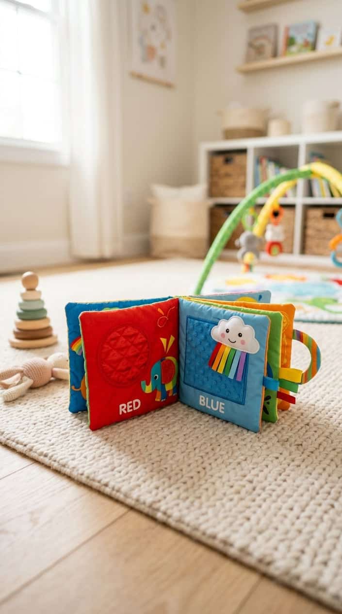 A soft fabric baby activity book with colorful shapes open on a light floor in a bright nursery.