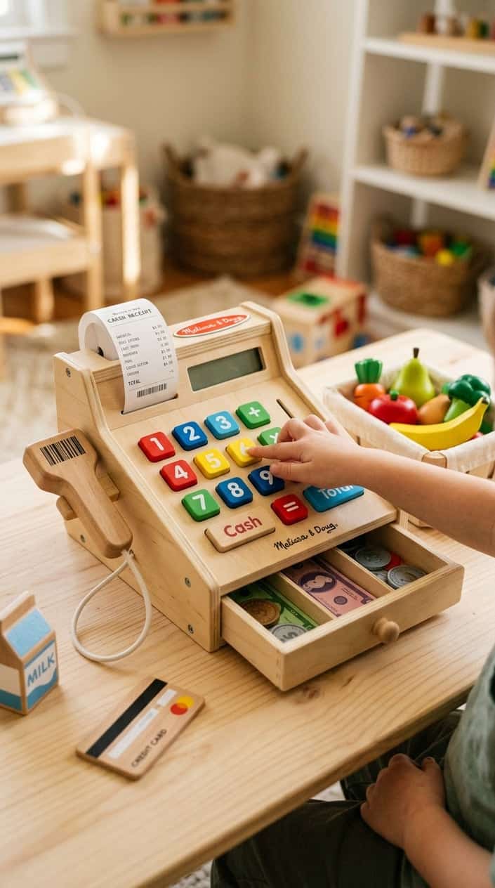 A wooden toy cash register with colorful buttons, play money, and a child's hand reaching to press a button.