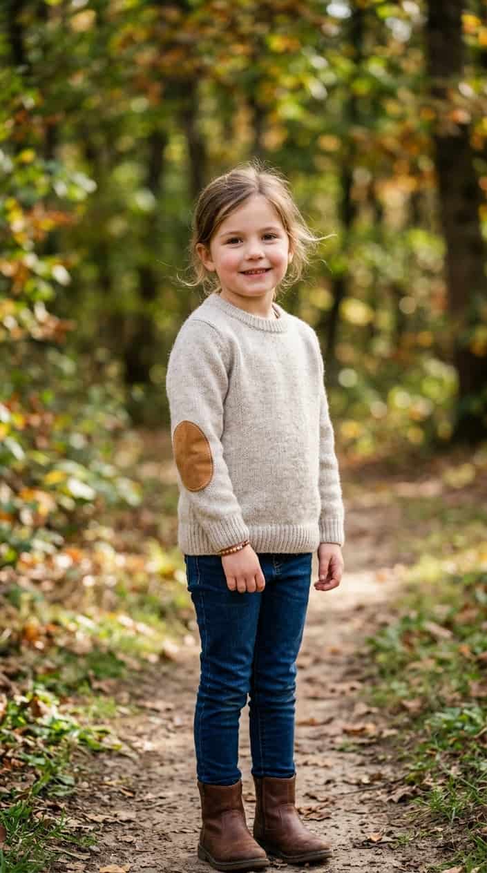 Little Girl Outfits She Won't Refuse to Wear 21 A young girl wearing a light-colored merino wool sweater with reinforced elbows standing outdoors with greenery in the background.