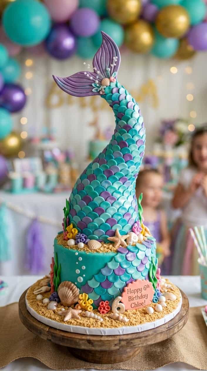 A colorful mermaid tail cake with detailed scales and sea-themed decorations on a sandy base.