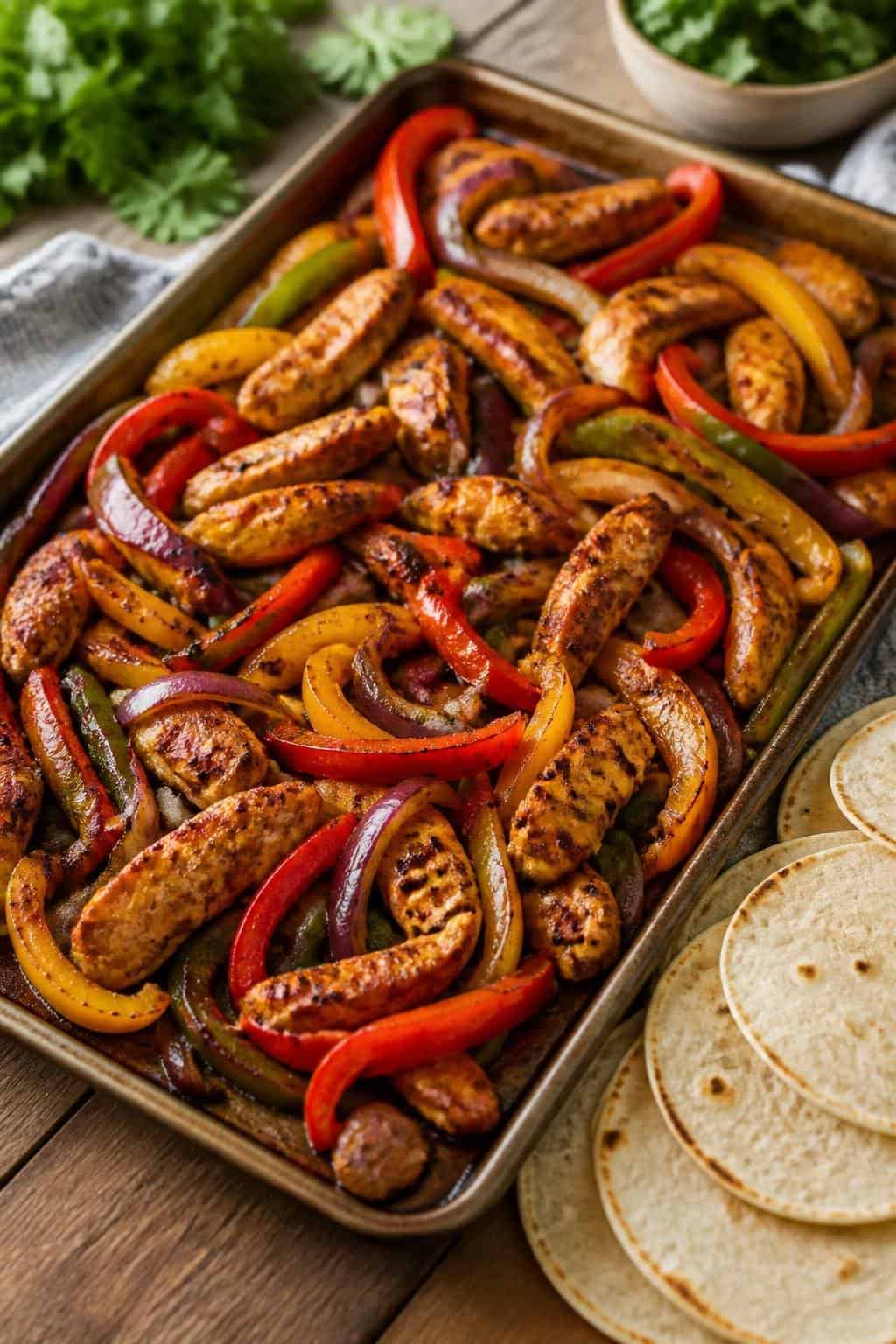 A foil-lined sheet pan with spice-coated sliced chicken thighs and charred bell pepper strips in red, yellow, and green, with crisp-edged tortilla wedges arranged along one side on a wooden surface.