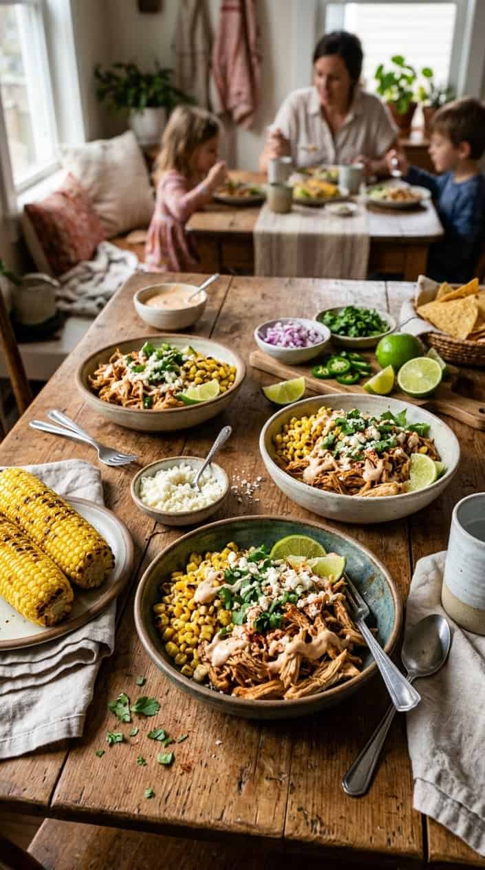 17 Crockpot Chicken Tacos and Bowls for Busy Families 15 Generous bowls of seasoned shredded chicken over rice with bright yellow corn, fresh cilantro leaves, crumbled white cotija cheese, and lime wedges on a wooden table with fresh ingredients around the edges.