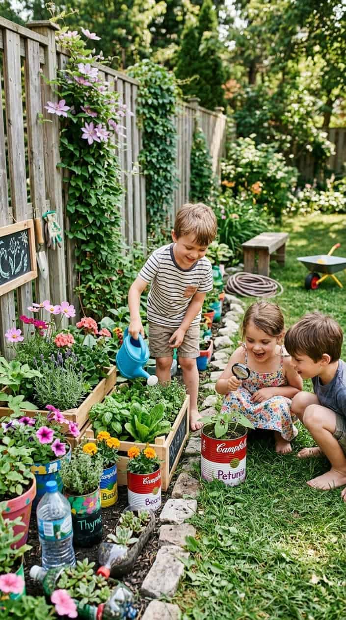 Summer Activities for Kids Beyond Going Outside 6 Children playing and gardening in a small backyard with plants growing in recycled containers on a sunny day.