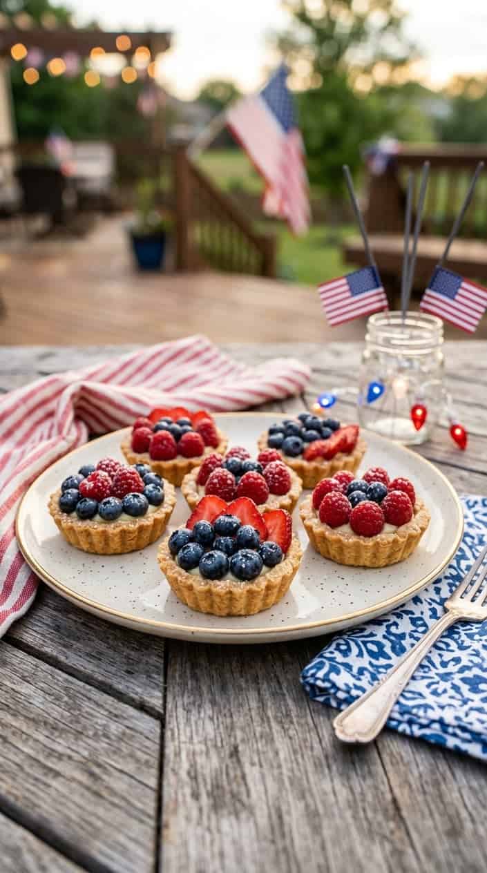 Plate of mini berry tarts with almond crust topped with fresh blueberries, raspberries, and strawberries on a wooden table with subtle Fourth of July decorations.