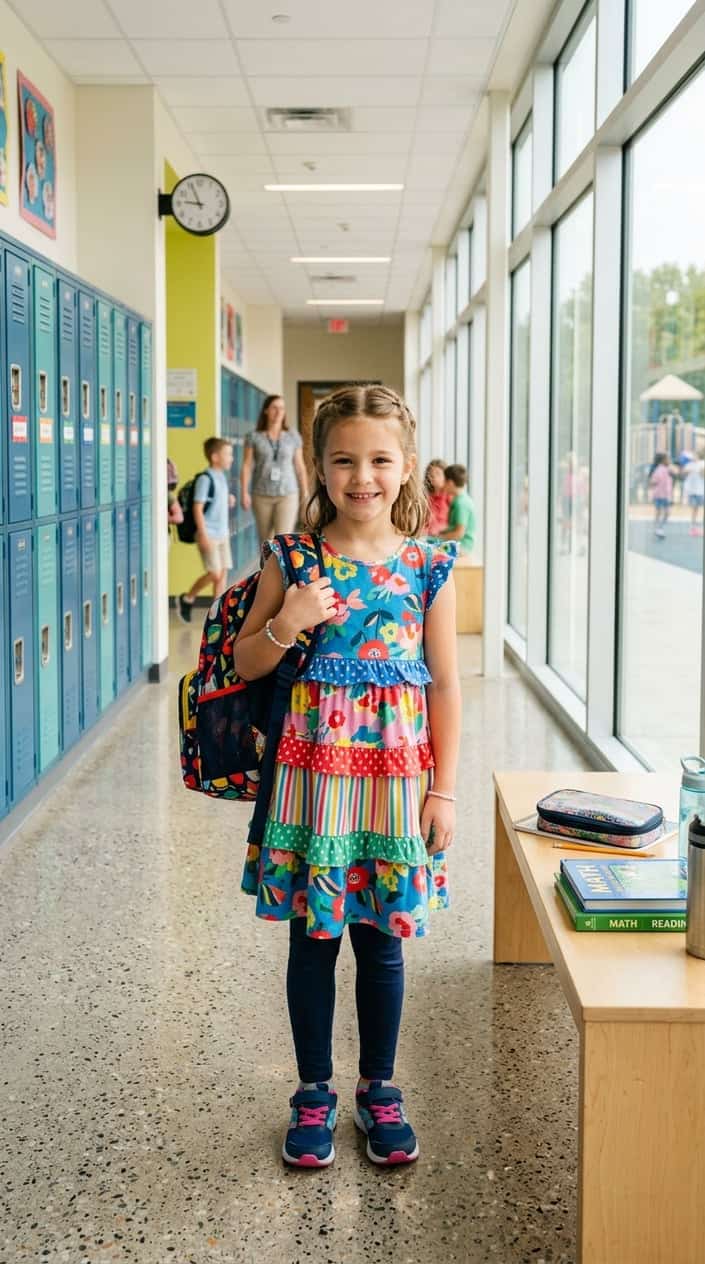 A young girl in a colorful tiered dress stands smiling in a school hallway holding a backpack.