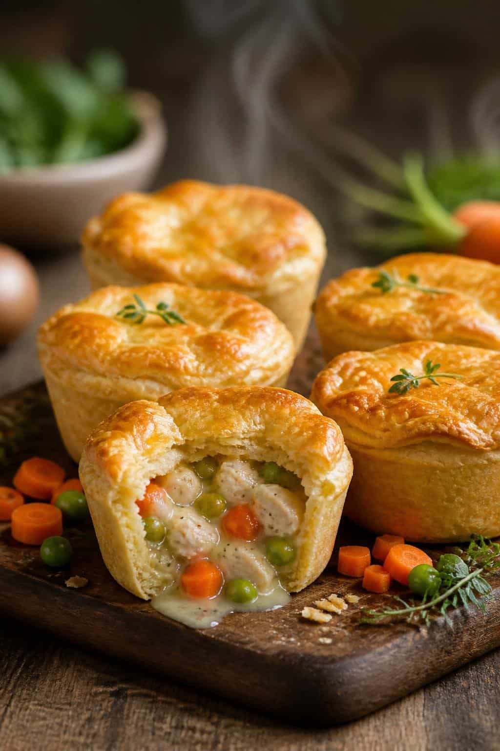 Mini chicken pot pie cups on a wooden board with fresh vegetables around them.