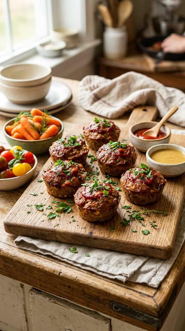 20 Easy Kid-Friendly Meals Made From Scratch 7 Mini meatloaf muffins on a wooden board with fresh herbs and colorful kid-friendly side dishes on a table.