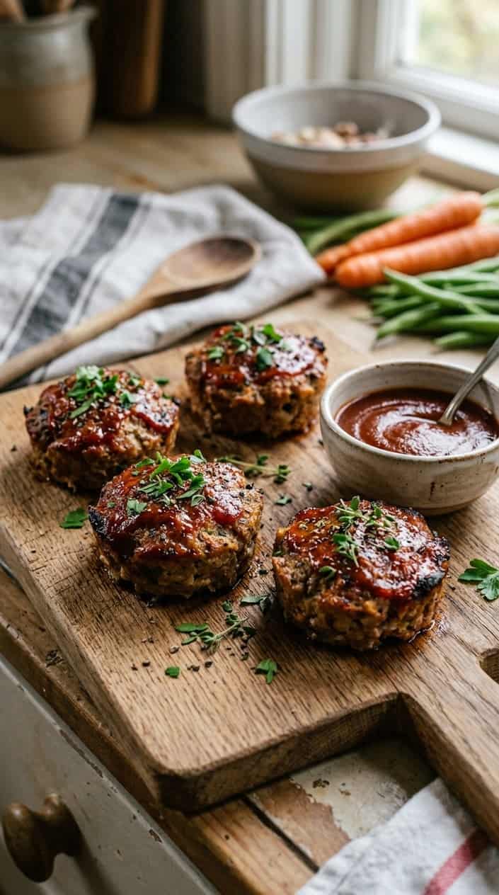 Close-up of several individual mini meatloaves on a wooden board with fresh herbs and a small bowl of tomato sauce in a warm kitchen setting.