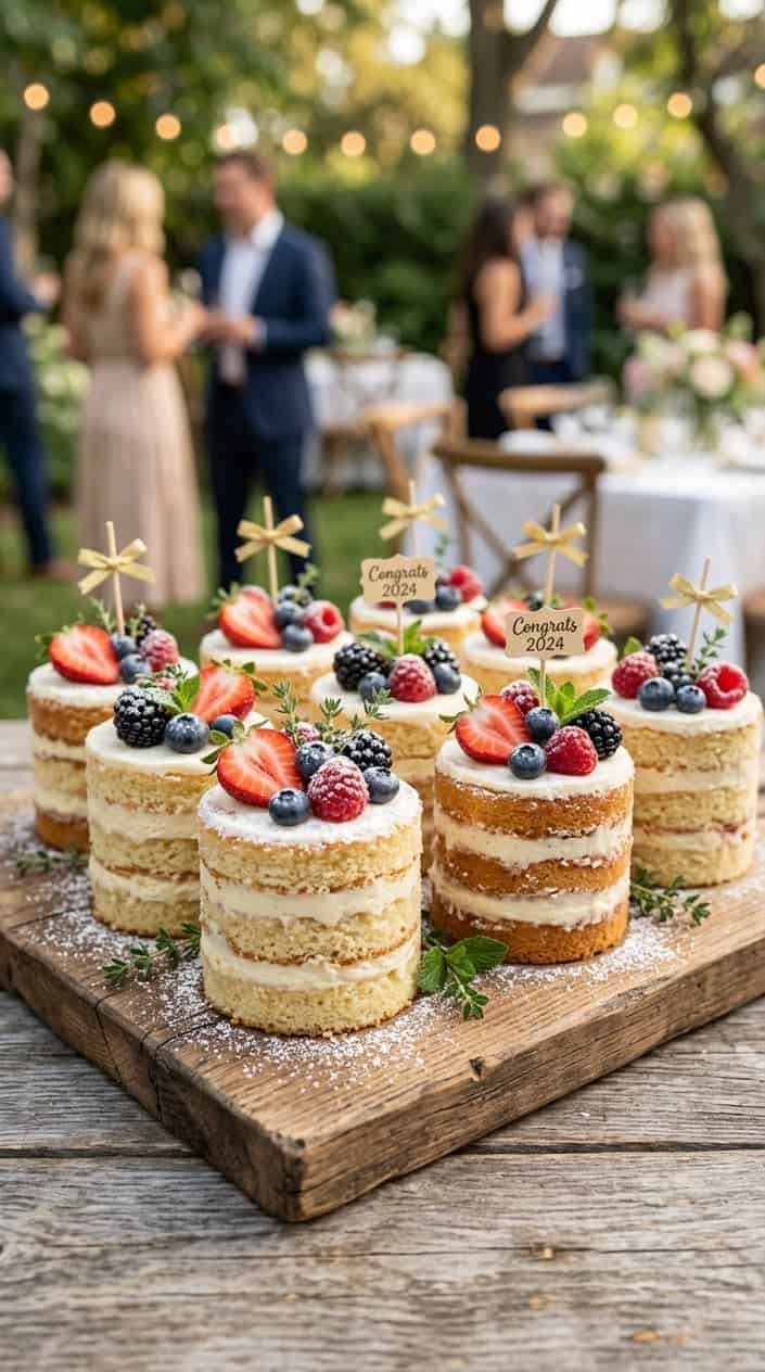 Graduation Cake Ideas Beyond the School Mascot 8 A set of mini naked cakes topped with mixed fresh berries arranged on a wooden board.