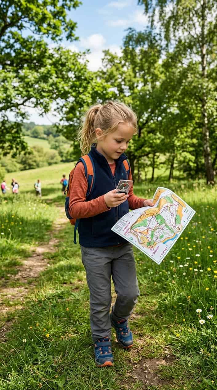 A child outdoors holding a compass and map, standing in a grassy field surrounded by trees.