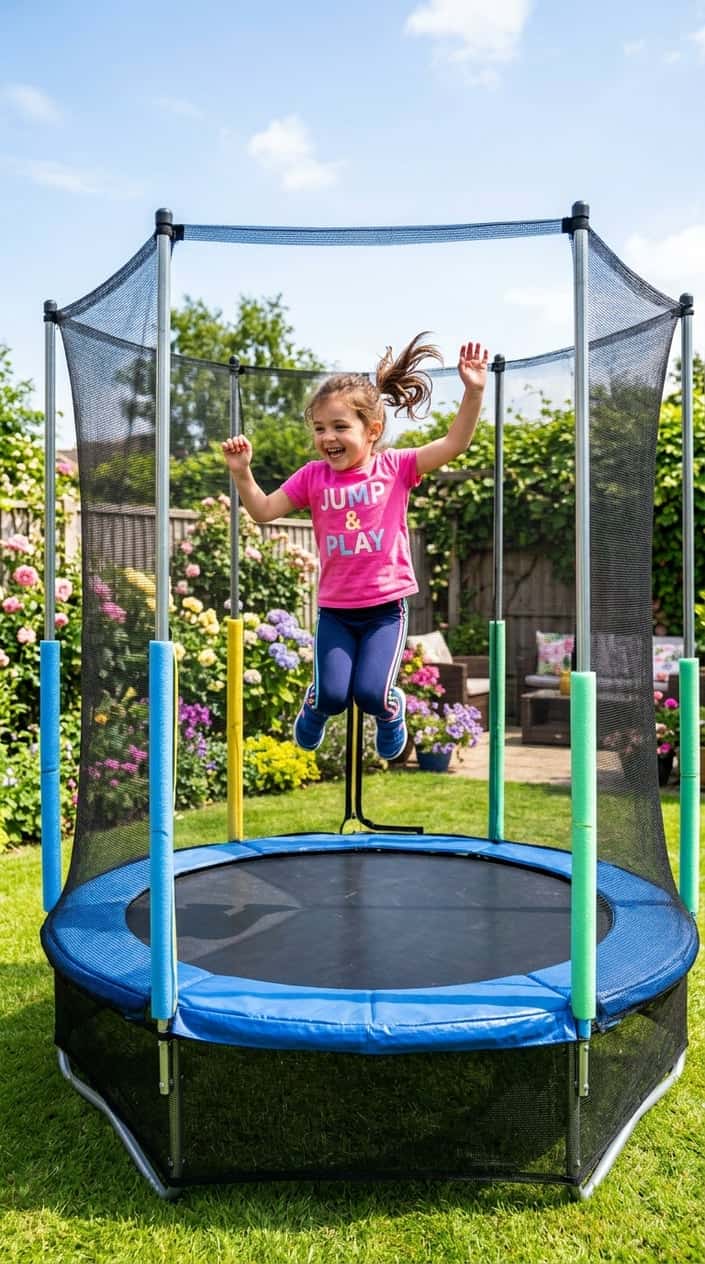 A child jumping on a mini-trampoline with a safety net in a sunny backyard.