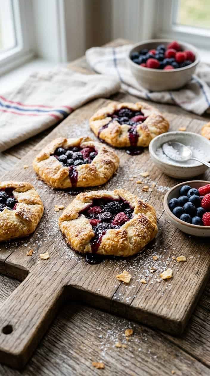 Freshly baked mixed berry galette hand pies on a wooden board with fresh berries and powdered sugar.