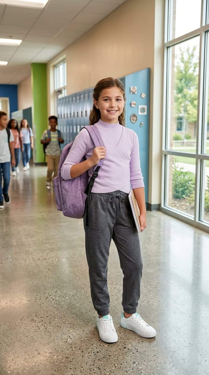 A young girl standing in a school hallway wearing a knit top and tapered joggers, smiling with a backpack over one shoulder.