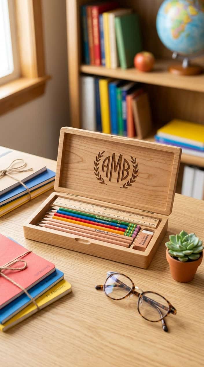 A wooden pencil box with a monogram on the lid, open to show pencils inside, placed on a desk with notebooks, glasses, and a small plant nearby.