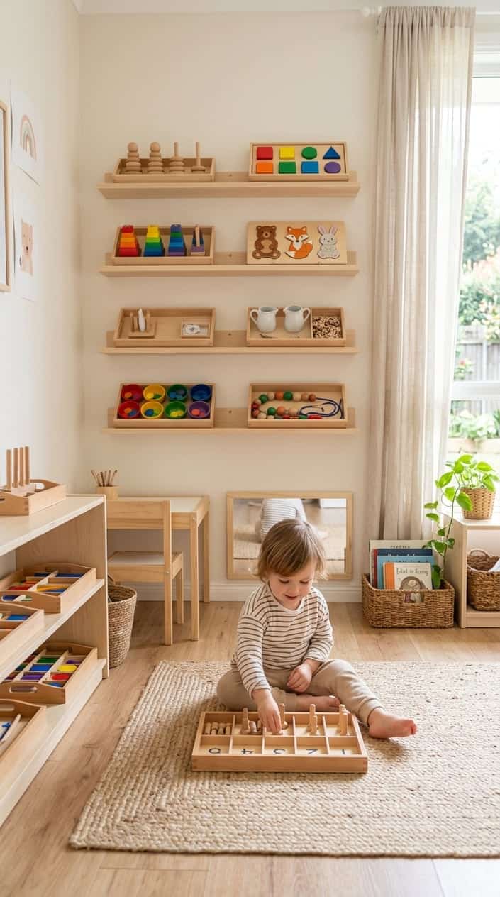 A low wooden shelf in a calm playroom holding four individual wooden trays, each set up with a single contained activity: a small puzzle, a sorting game, a sensory bin with sand tools, and a simple threading activity.