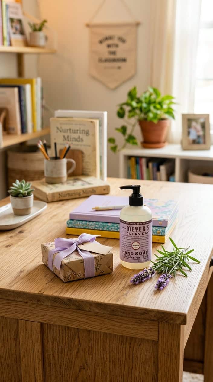 A bottle of lavender hand soap on a wooden desk surrounded by a small wrapped gift, notebooks, and a lavender sprig.