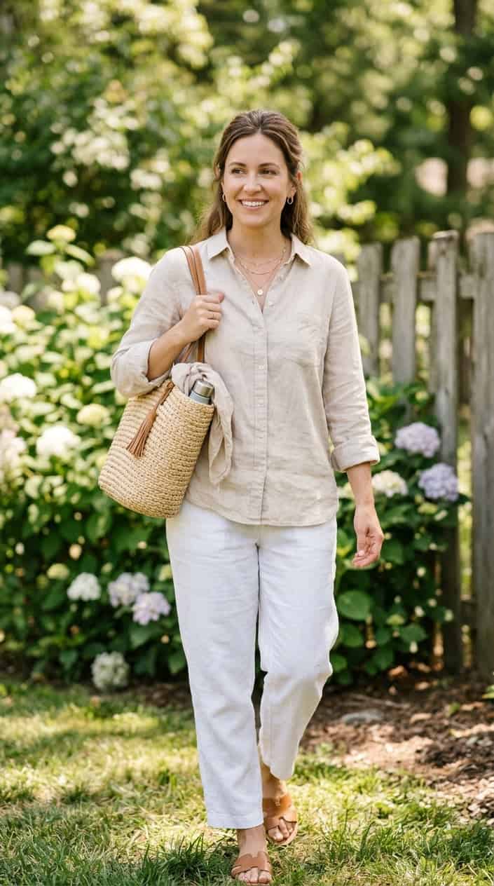 Summer Family Picture Outfits That Coordinate Without Looking Matchy 21 A woman outdoors wearing a linen shirt and carrying a straw tote bag, smiling gently with greenery behind her.