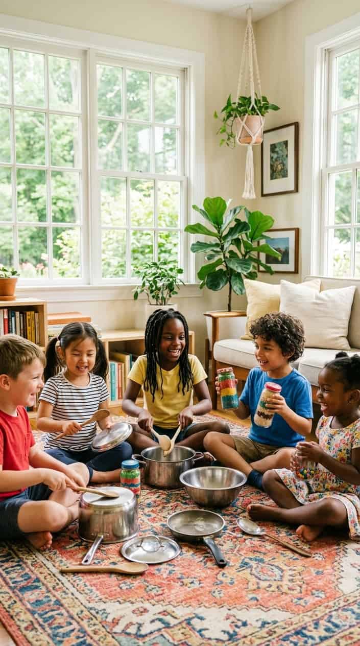 Summer Activities for Kids Beyond Going Outside 28 Children playing music indoors using pots, spoons, and rice shakers, sitting on a colorful rug in a sunlit living room.