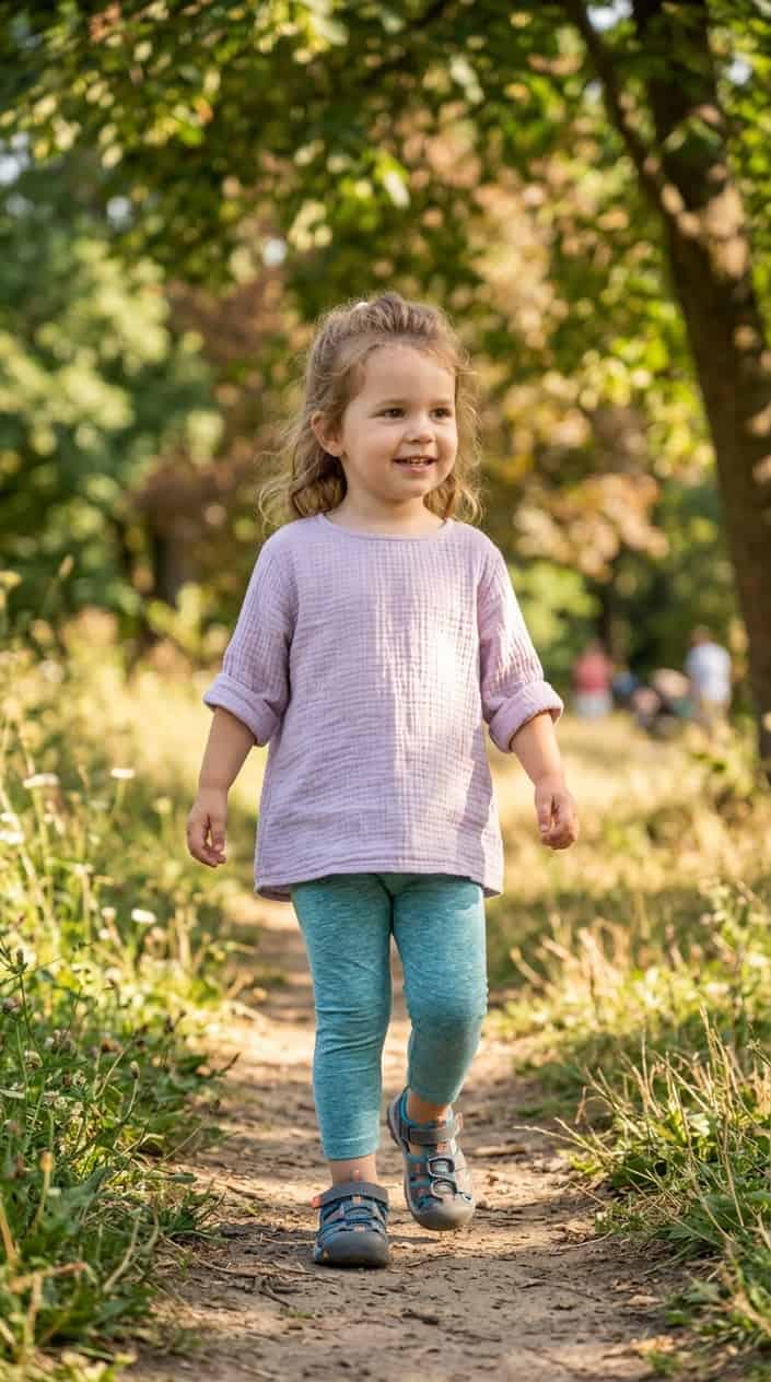 Easy Mix-and-Match Toddler Girl Summer Outfits 16 A toddler girl wearing a muslin tunic, leggings, and sport sandals outdoors on a sunny day.