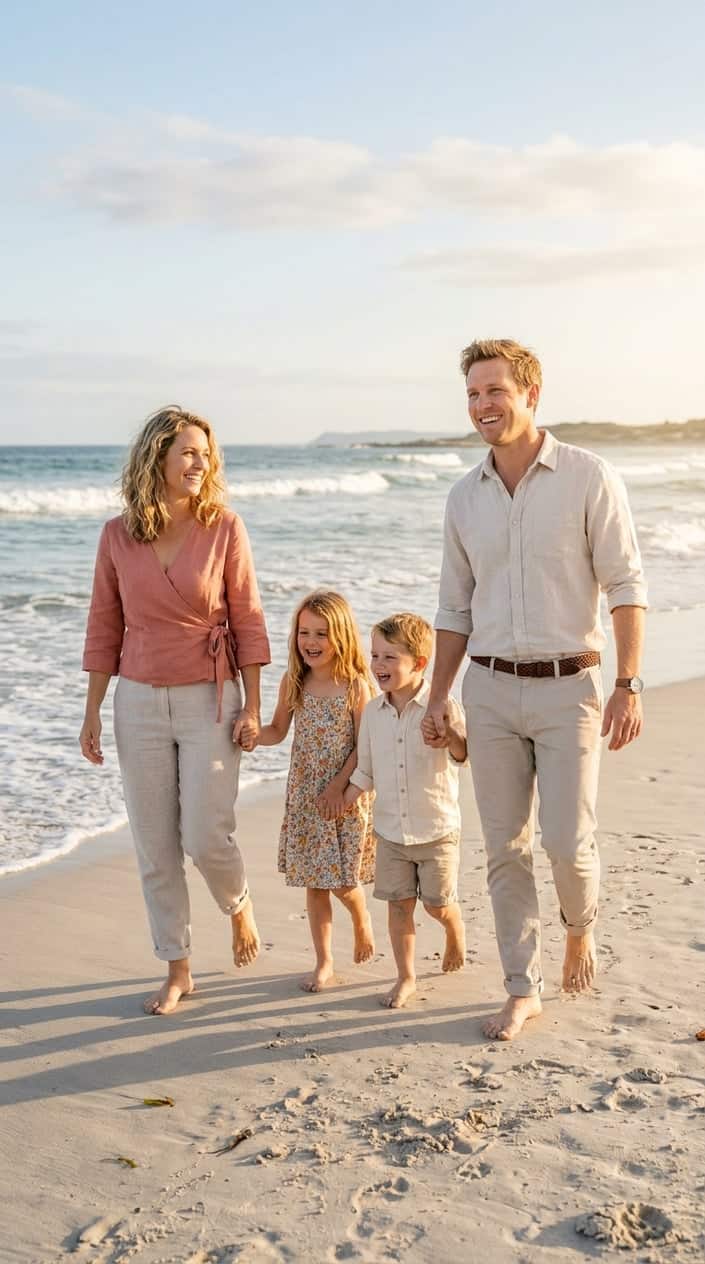 A couple standing on a sandy beach near the water, the woman in a muted coral wrap top and the man in stone chinos with a woven leather belt, both smiling.
