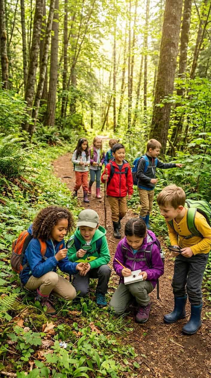 Physical Activities for Kids to Burn Off Energy 8 Children hiking in a forest, examining leaves and insects while exploring nature.