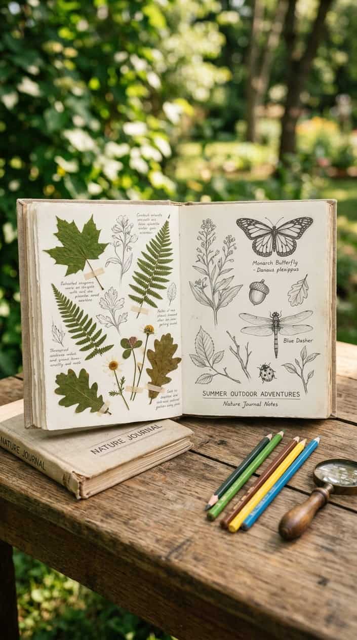 An open nature journal with pressed leaves and botanical sketches on a wooden table, accompanied by colored pencils and a magnifying glass.