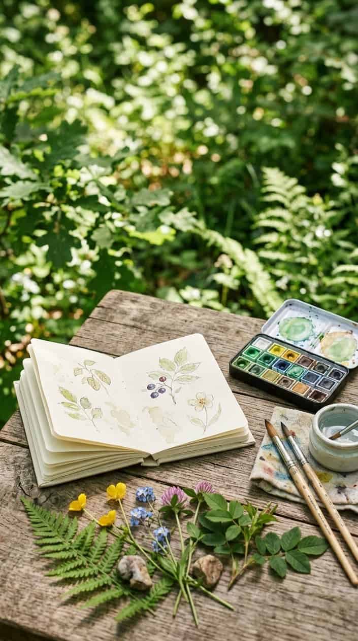 A tiny open sketchbook with watercolor paints and brushes on a wooden surface outdoors surrounded by green leaves and wildflowers.