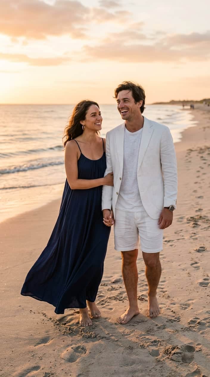 A couple standing together on a sandy beach near the ocean, the woman in a flowing navy maxi dress with small gold hoop earrings and the man in a white linen blazer and light shorts.