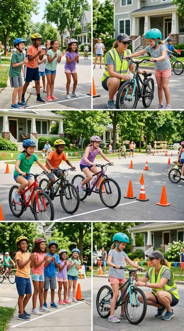 18 Kid-Friendly Outdoor Summer Activities for Tweens and Older Kids 7 Children wearing bright helmets lining up for a neighborhood bike relay on a sunny street, with an adult crouching beside a bike to check tire pressure.