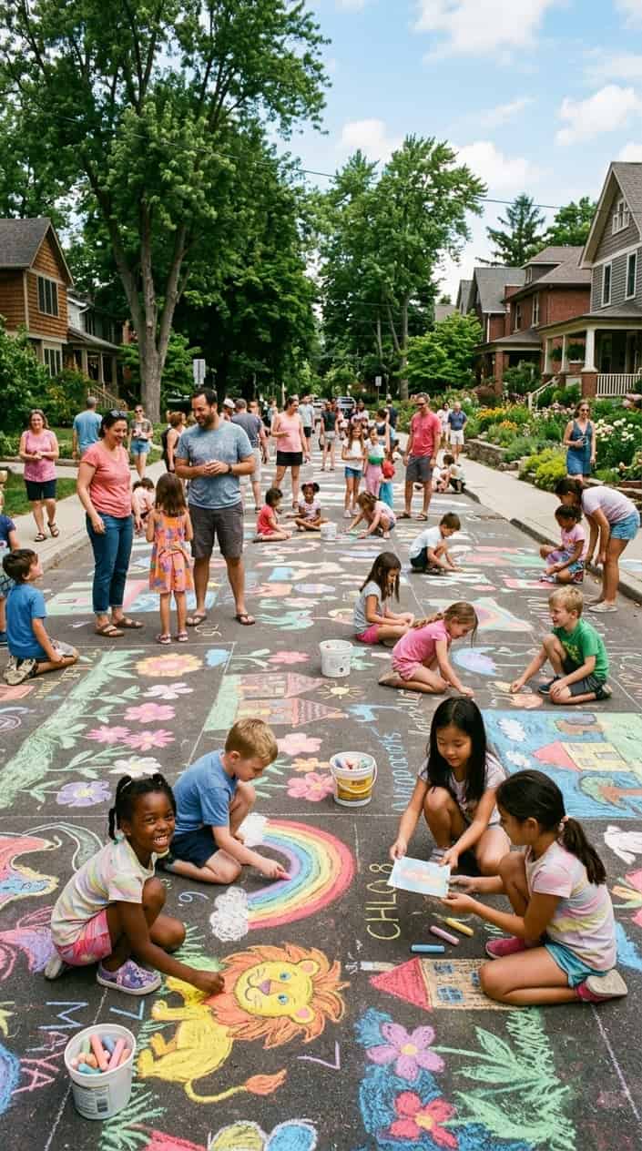 Children and families drawing and exchanging colorful chalk murals on a sunny neighborhood street.