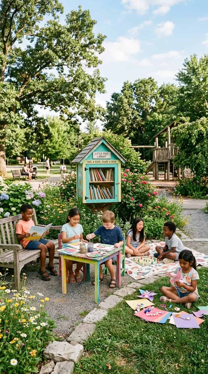 Summer Activities for Kids Beyond Going Outside 21 Children enjoying various summer activities near a small neighborhood library box in a sunny park.