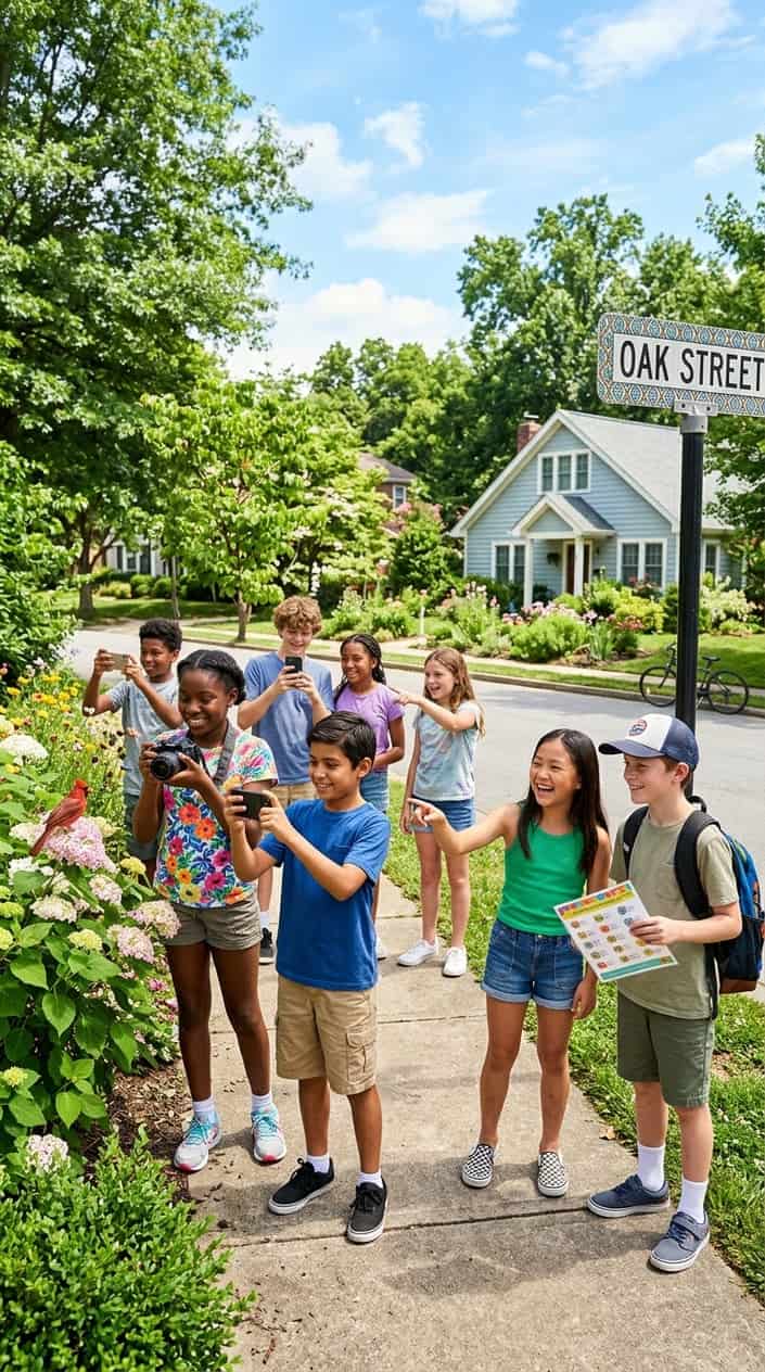 18 Kid-Friendly Outdoor Summer Activities for Tweens and Older Kids 2 A group of kids participating in a neighborhood scavenger hunt on a sunny day, comparing photos on their phones while walking together outside.