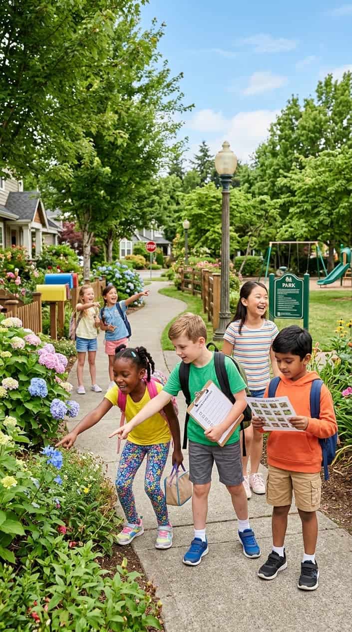 Physical Activities for Kids to Burn Off Energy 3 Children exploring a sunny neighborhood street during a scavenger hunt, looking at objects and holding picture checklists.