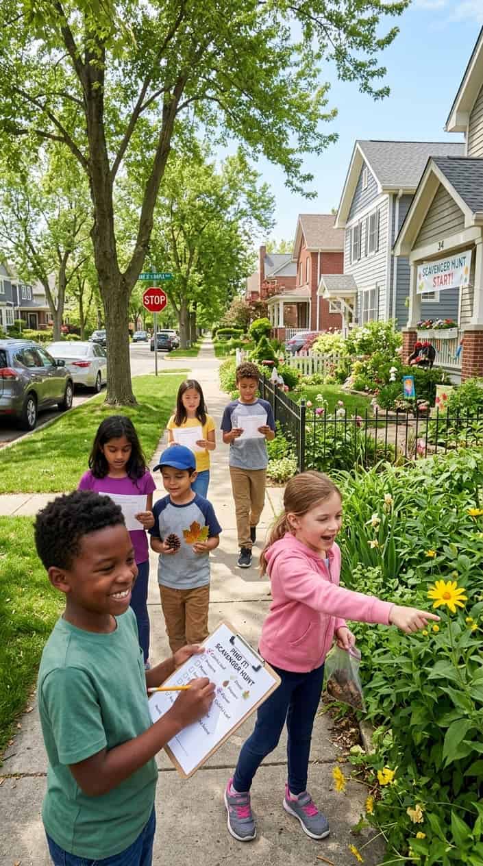 Children exploring a neighborhood street on a scavenger hunt, holding clipboards and searching for items outdoors.