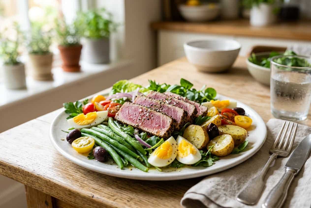 A wide plate arranged with sliced seared tuna, halved hard-boiled eggs, crisp green beans, baby potatoes, cherry tomatoes, black olives, and chopped romaine, drizzled with Dijon vinaigrette.