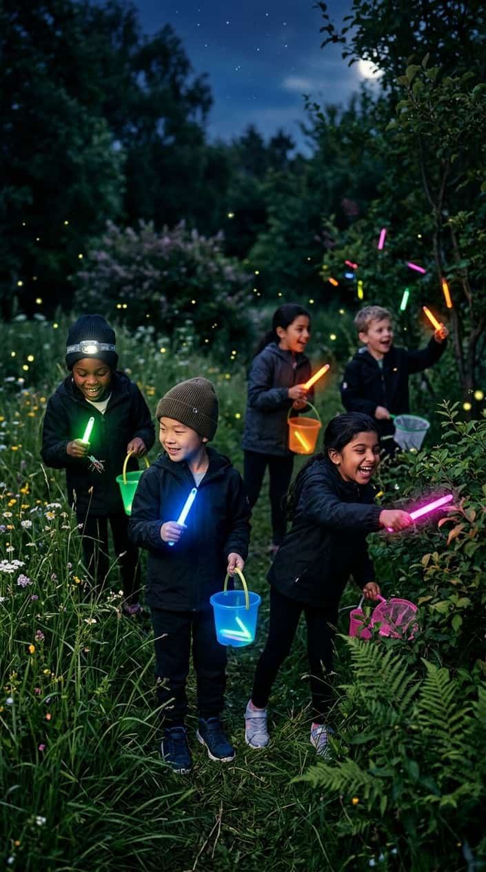 Children searching for bugs outdoors at night using colorful glow-sticks in a grassy area.