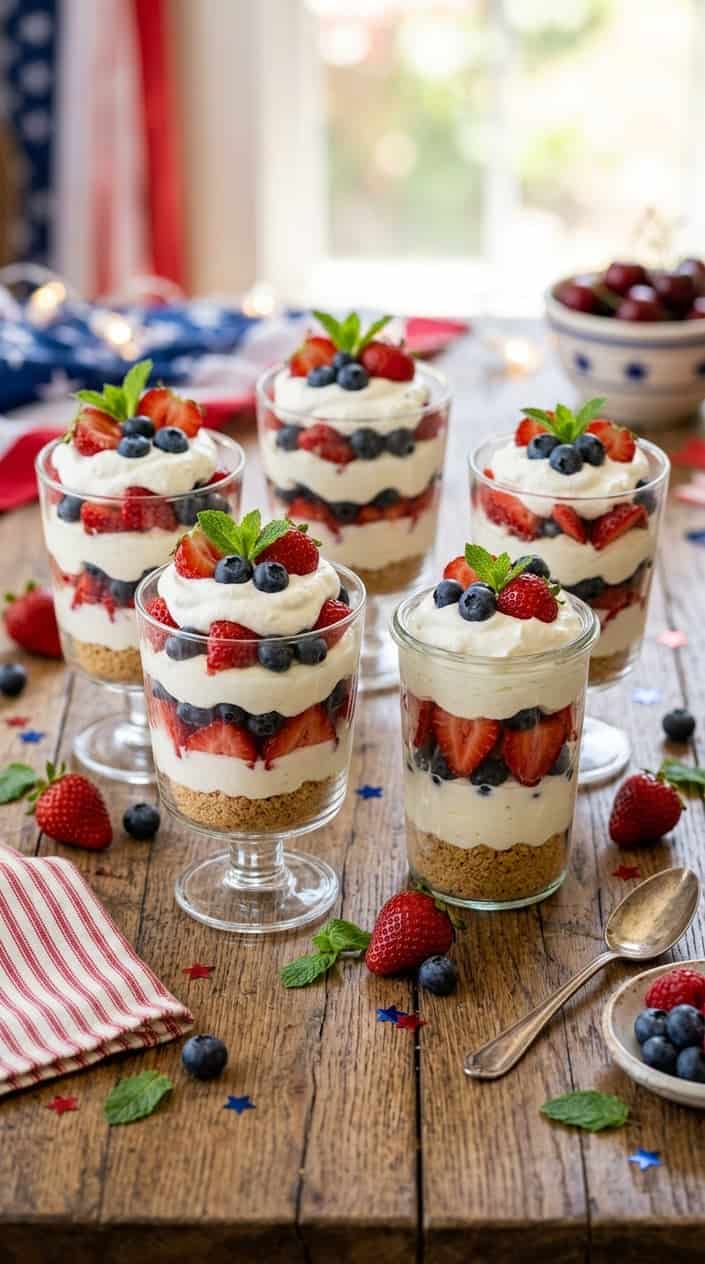 Three no-bake berry cheesecake parfaits in clear glasses with layers of creamy filling, strawberries, blueberries, and whipped cream on a wooden table with small star decorations.