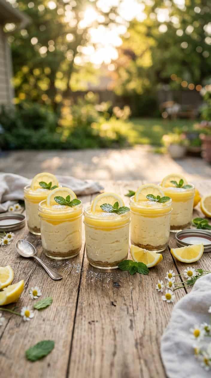 Several jars of no-bake lemon cheesecake topped with lemon slices and mint leaves on a wooden table outdoors in warm golden sunlight.